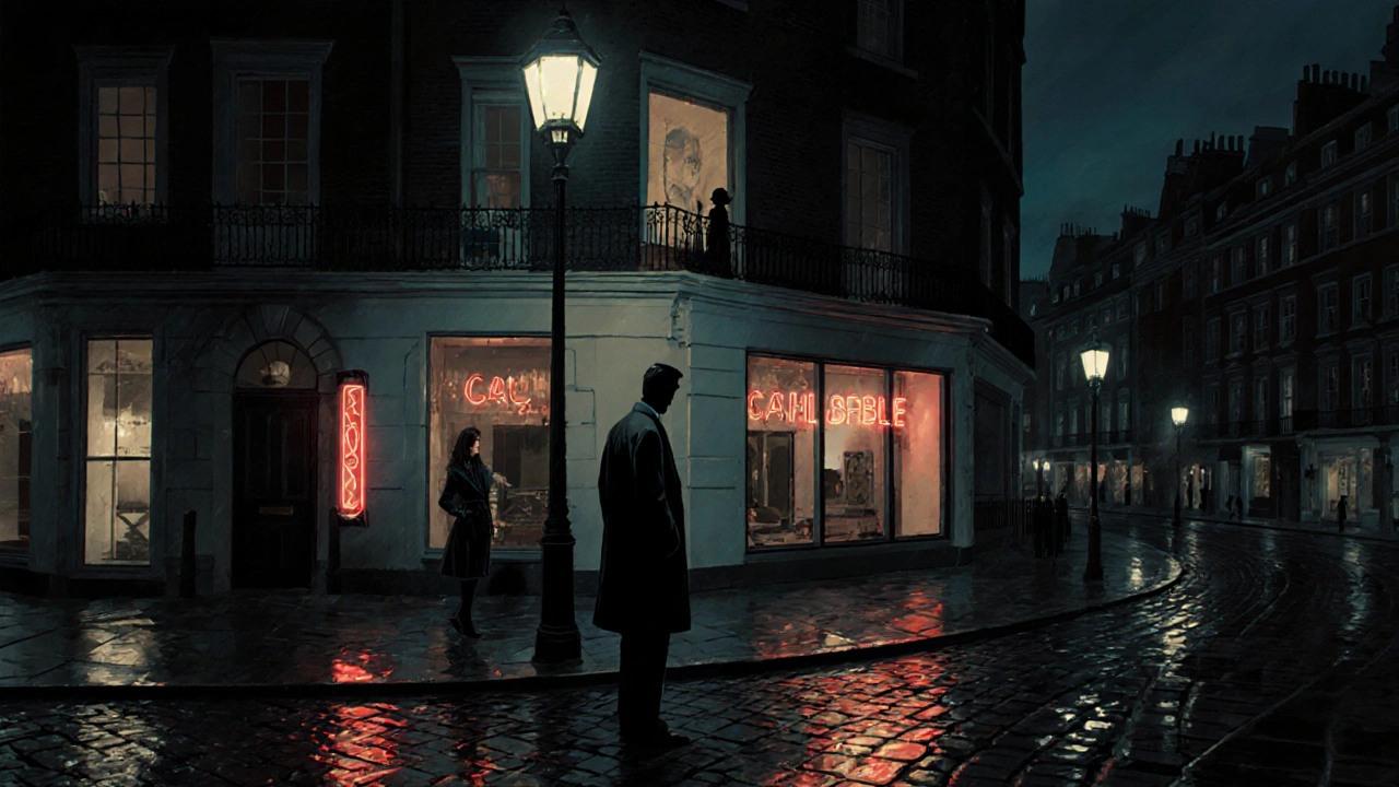 A shadowy figure watches from a Knightsbridge window as a man stands under a streetlamp at night.