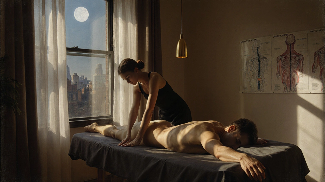 A skilled therapist&#039;s hands moving fluidly over a client&#039;s back in a serene apartment setting, emphasizing precision and calm.