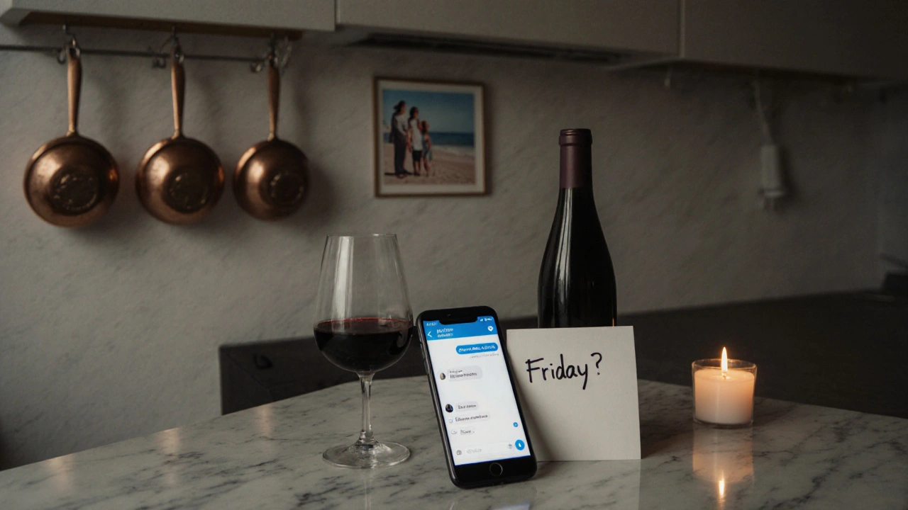A smartphone rests on a countertop beside wine and a handwritten note, hinting at a private, authentic connection.