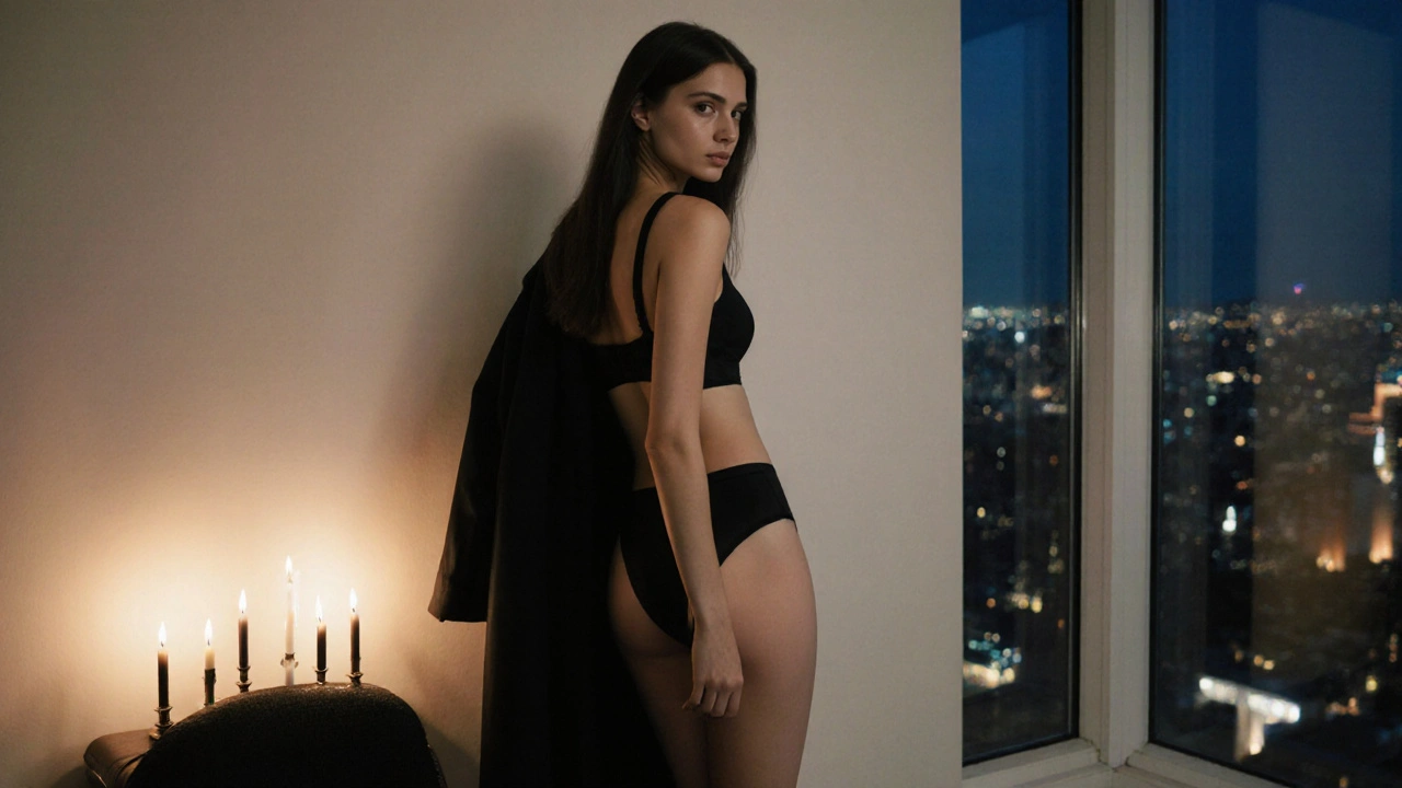 A tall woman in designer lingerie stands in a minimalist penthouse, candles glowing as city lights blur behind her.