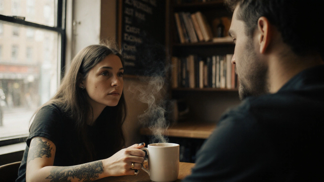 A woman and man sit across from each other in a Shoreditch coffee shop, sipping coffee in silent connection, natural light streaming through the window.