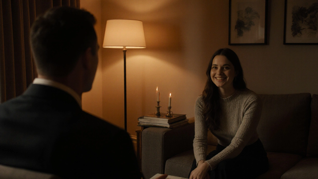 A woman and man sit in a calm, softly lit apartment, she listening intently, warm lighting and subtle decor creating intimacy.