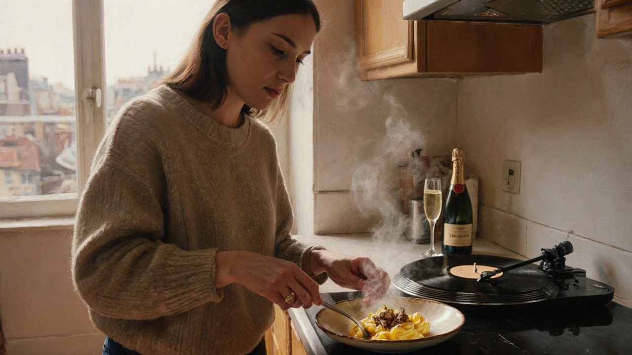 A woman cooking scrambled eggs with truffle oil in a cozy kitchen, Prosecco chilling nearby, warm ambient light.