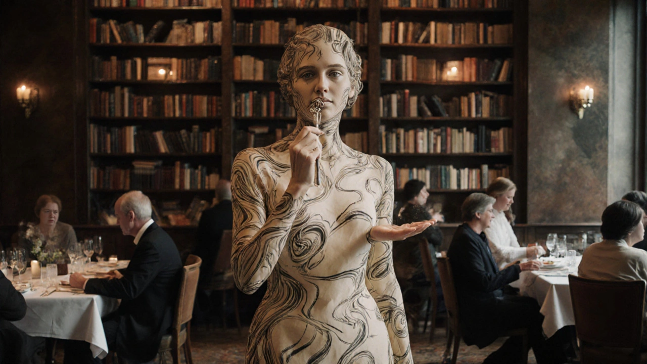 A woman formed of ink and parchment emerges from books in an elegant London dining room.