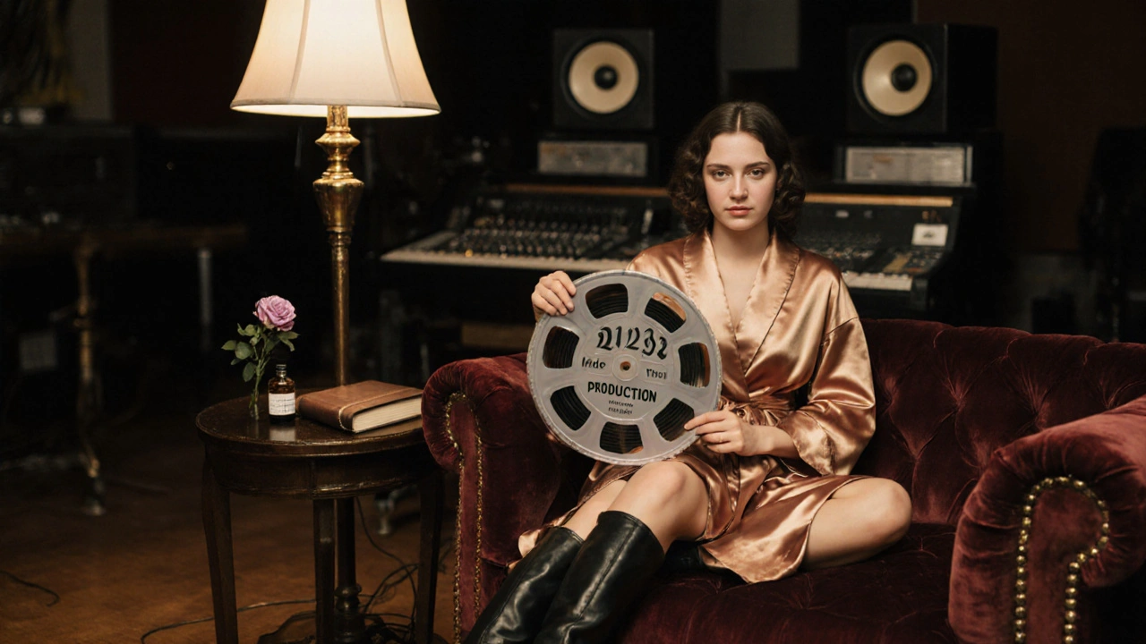A woman in a vintage on-set costume sits on velvet, holding a film reel with lavender oil and a portfolio nearby.