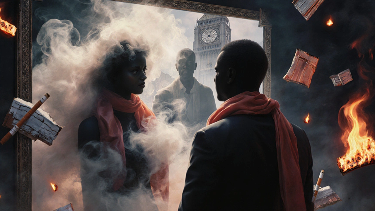 A woman made of smoke and fire reflects a man’s confident silhouette in a mirror, surrounded by floating London imagery.