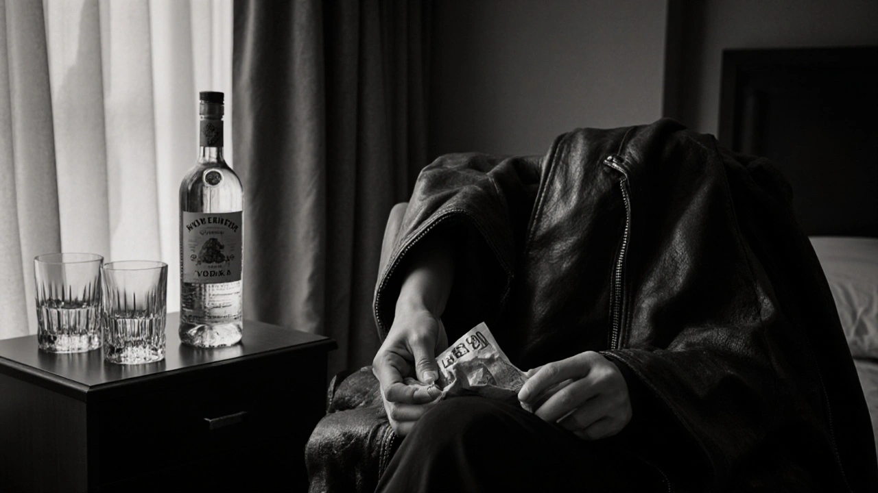 A woman’s hands rest on a £20 tip and a leather jacket beside an empty vodka bottle and glasses in a hotel room, bathed in soft black-and-white light.