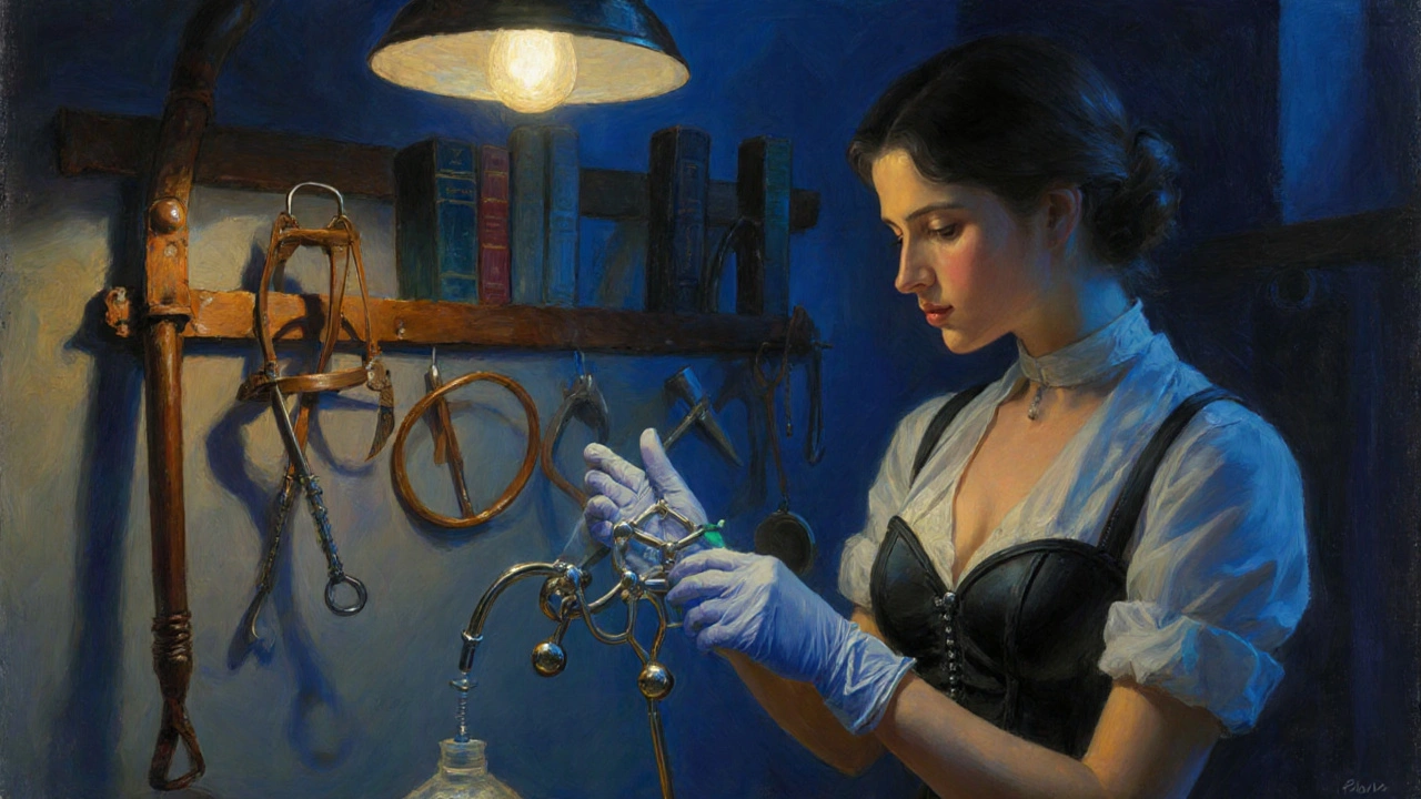 A woman sterilizing BDSM equipment with medical-grade alcohol in a meticulously organized ritual space.