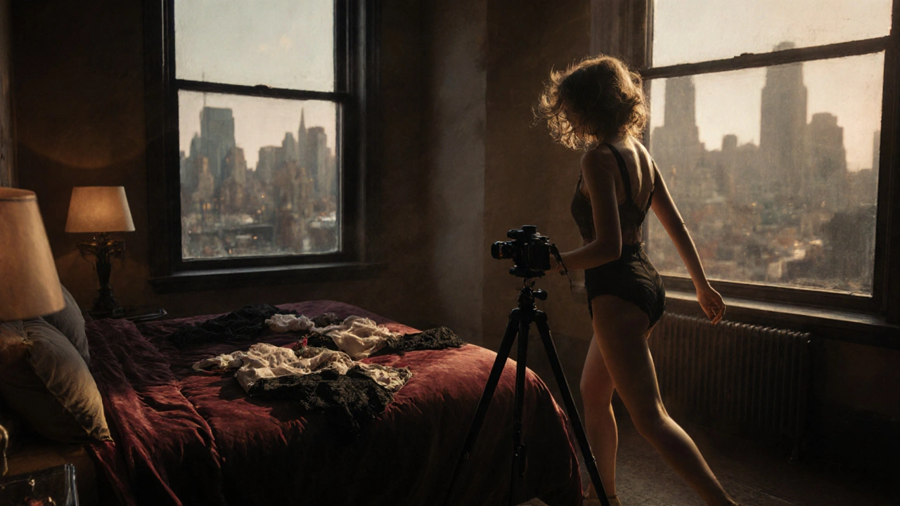 A woman walks toward a camera in a dim Chelsea bedroom, lingerie on velvet bedding.
