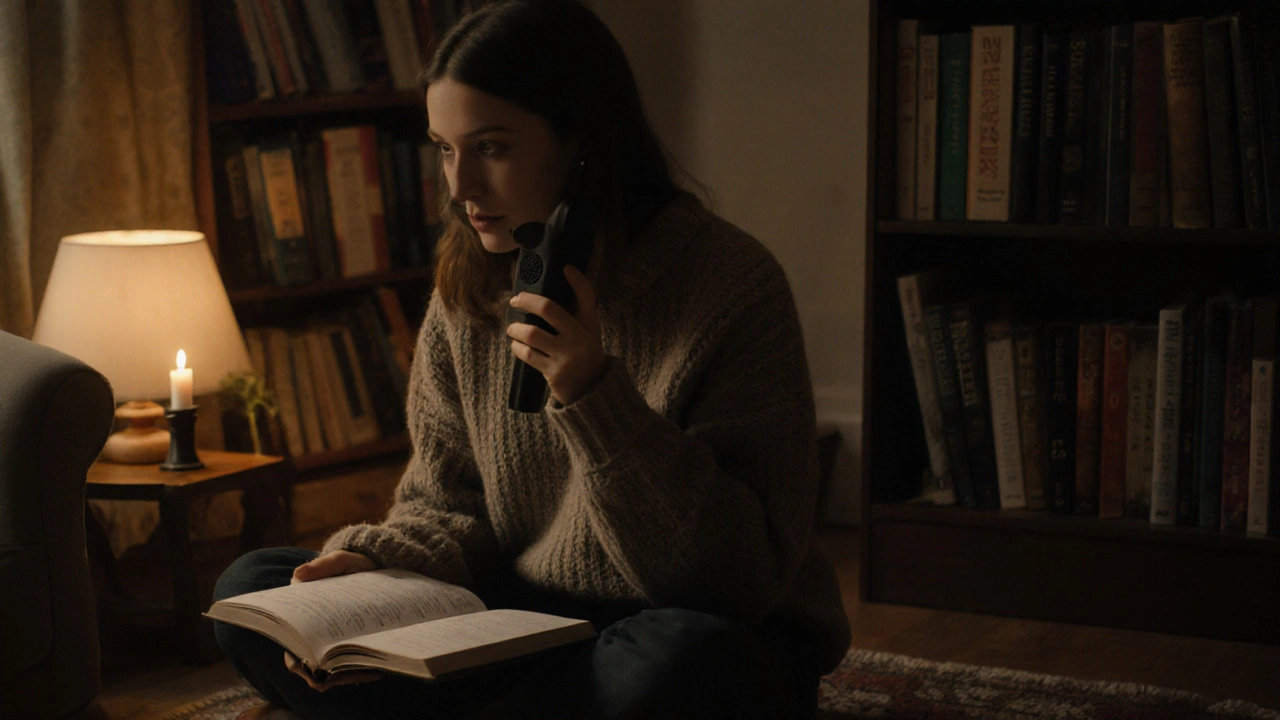 A young woman in a sweater reads neuroscience books in a cozy London apartment, lamplight highlighting quiet intimacy.