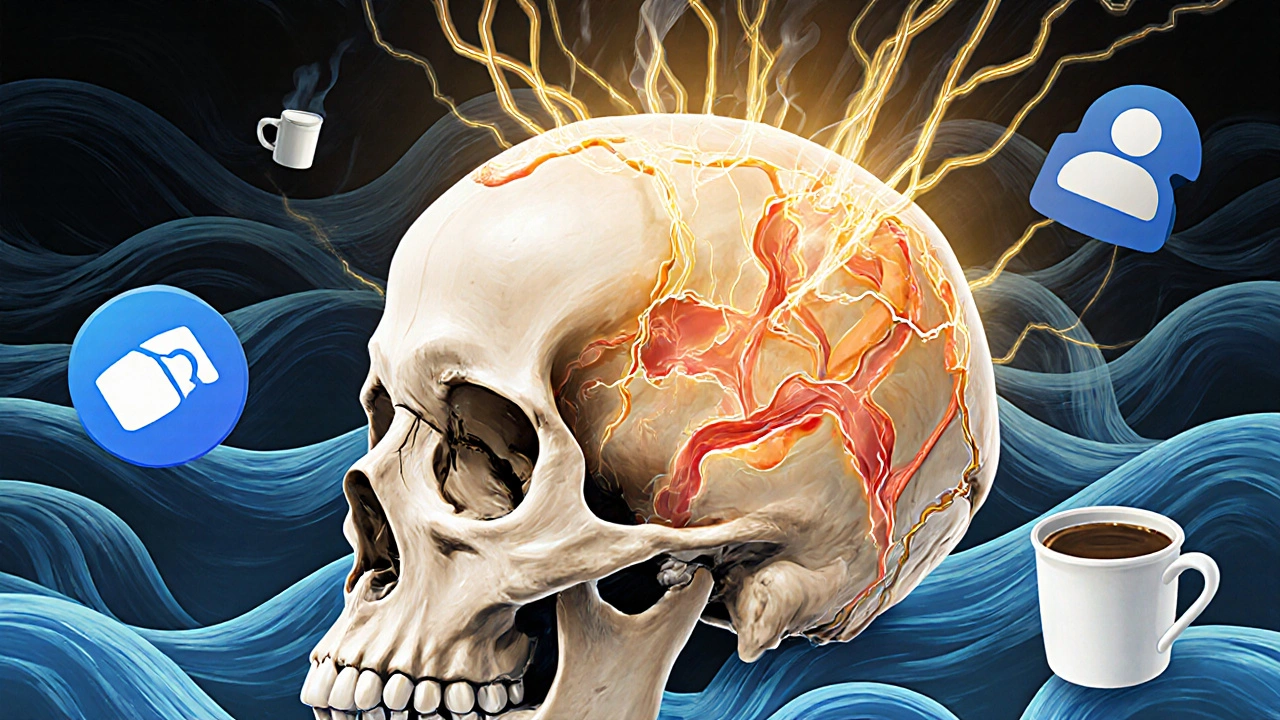 Anatomical illustration of a skull glowing with blood flow and neural activity during a head massage.