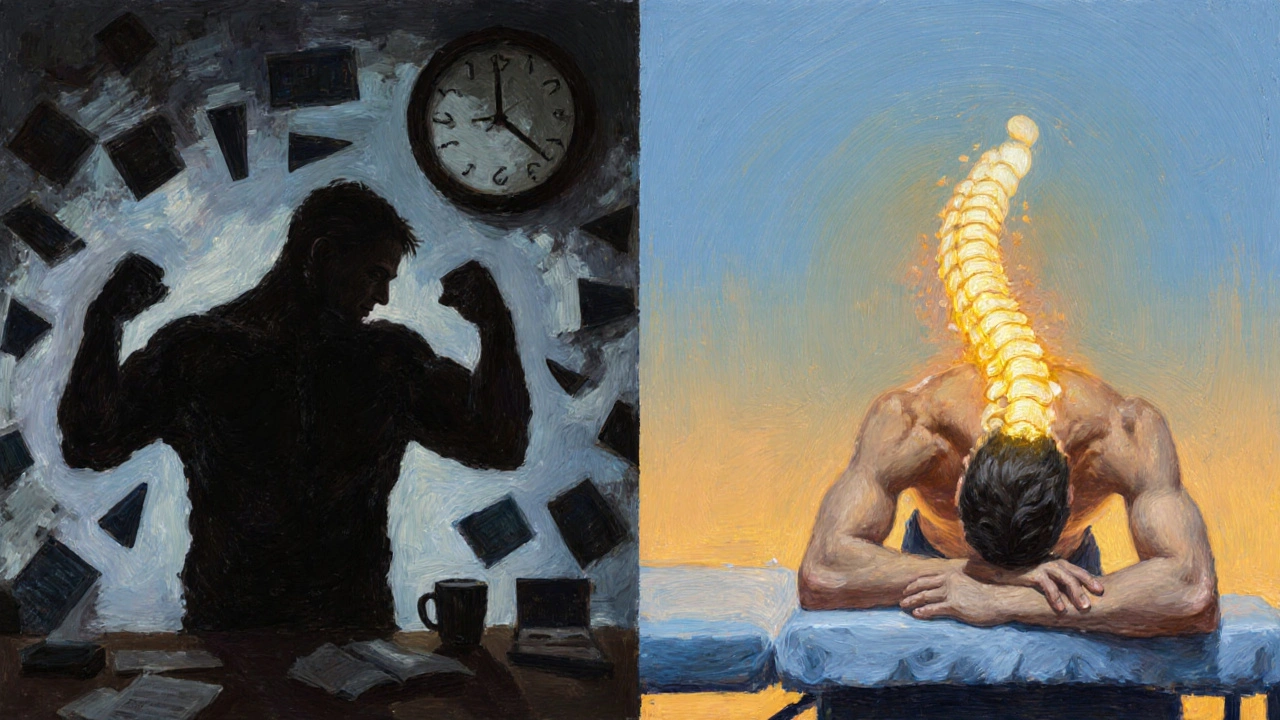 Artistic split image: stressed man with office clutter on one side, relaxed man with glowing spine on the other.