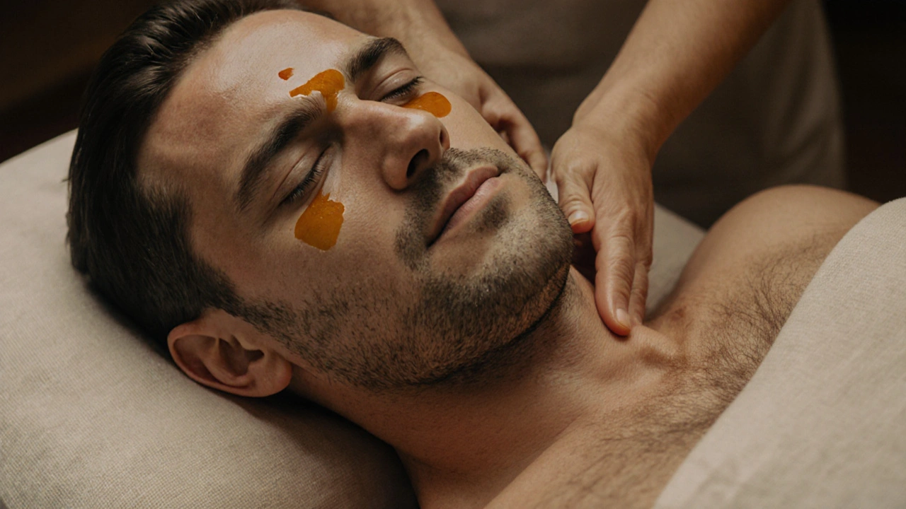 Close-up of a man&#039;s tear-streaked face during massage, jaw relaxed, eyes closed in deep release.
