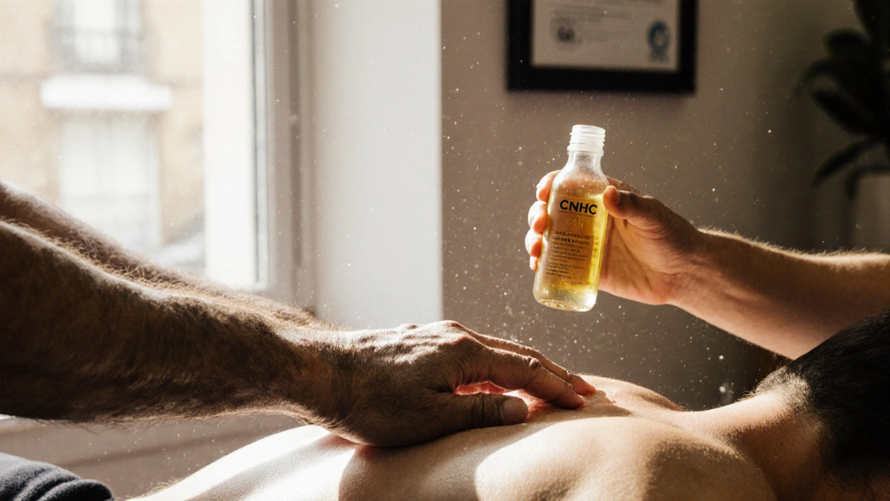 Close-up of a professional hand massaging tense muscle with organic oil, CNHC certification visible in background.