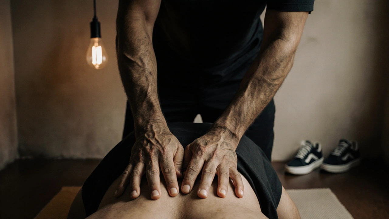 Close-up of a Thai therapist&#039;s hands gripping a client&#039;s leg during a spinal twist in a modest massage studio.