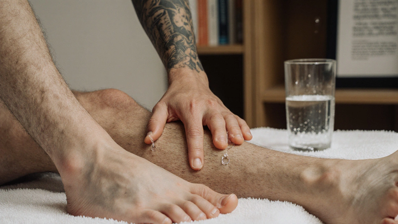 Close-up of a therapist&#039;s hand applying light pressure on a man&#039;s inner thigh during lymphatic drainage, water droplet falling nearby.