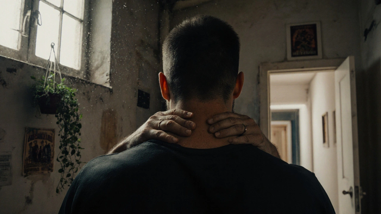 Close-up of hands applying firm pressure to tense shoulder muscles in a simple basement clinic.