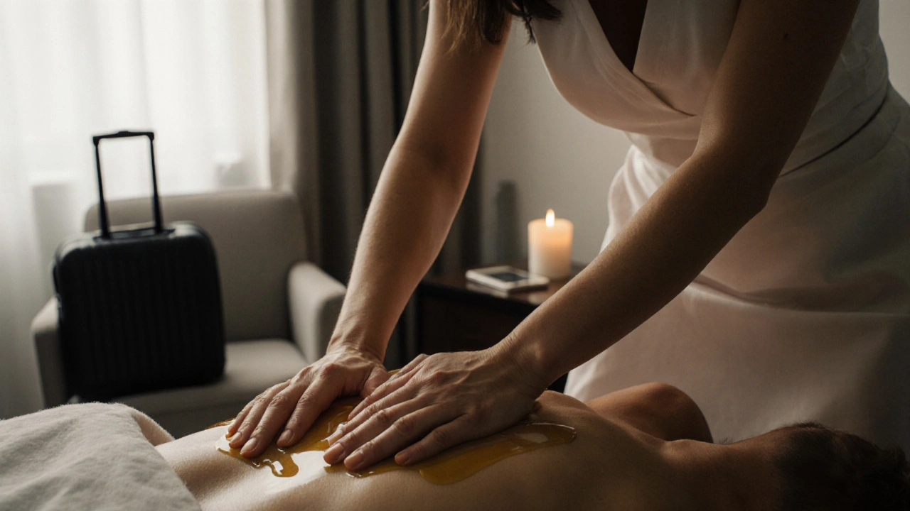 Close-up of skilled hands massaging a man&#039;s lower back with oil, soft lighting, serene and professional atmosphere.