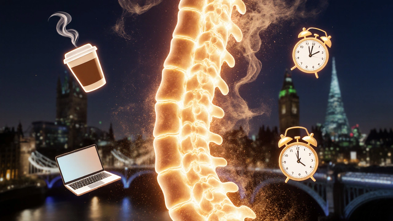 Glowing spine with tension knots dissolving, symbols of stress crumbling, symbolizing nervous system reset.