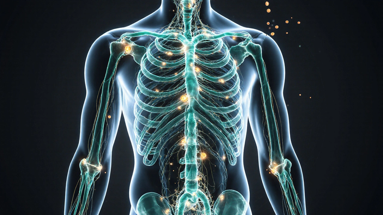 Glowing translucent lymphatic vessels flowing upward through the body, carrying away toxins in soft light.