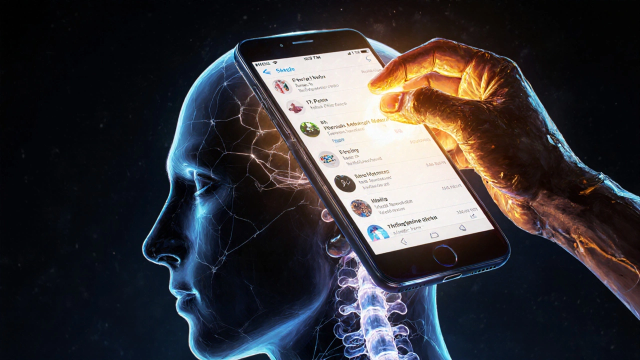 Human head as a dying smartphone being reset by oil-coated hands, warmth radiating down the neck in calm light.