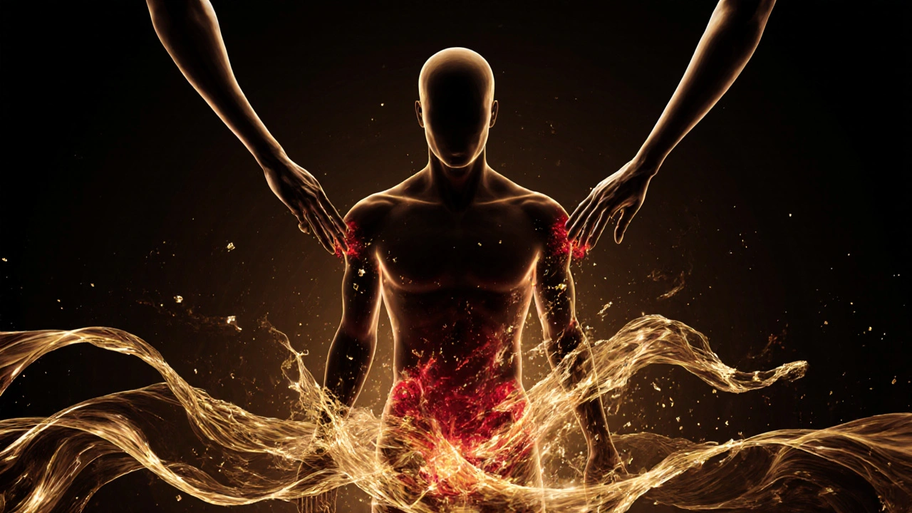 Human silhouette bathed in golden energy waves, symbolizing recovery, with massage hands releasing muscle tension.