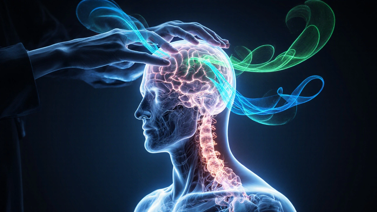 Illustrated human body with tension knots dissolving into calming energy waves.