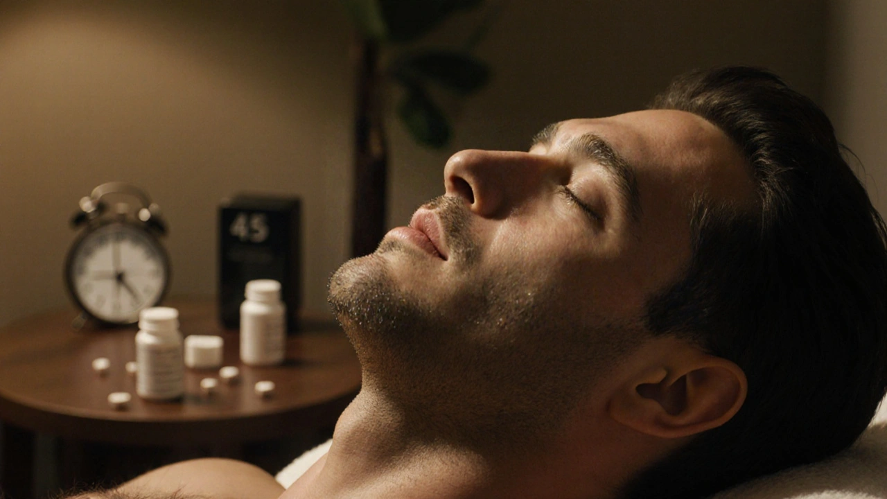 Man after a massage, relaxed and tearful, with discarded pill bottles nearby.