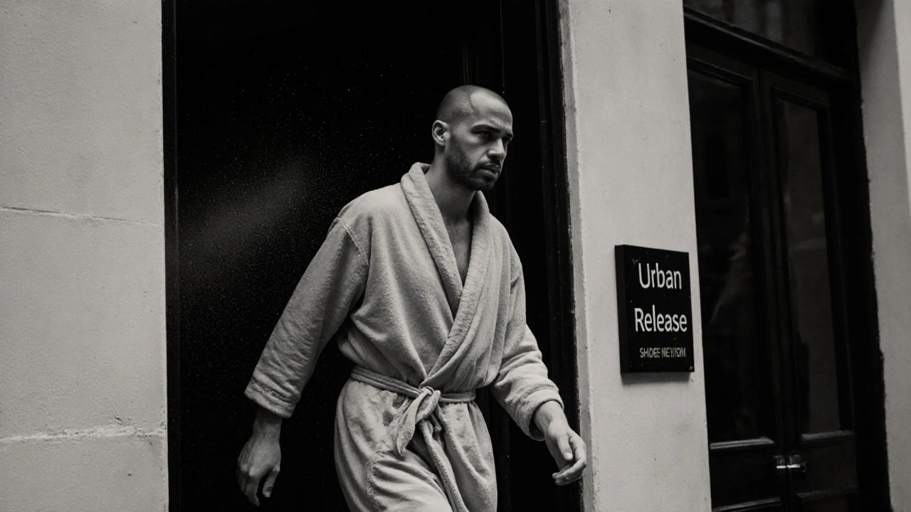 Man exiting a quiet studio, robe wrapped, posture transformed, light behind him suggesting renewal.