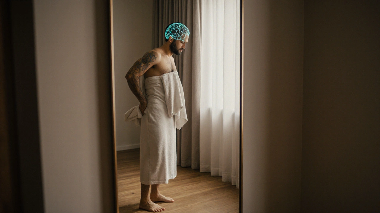 Man looking in mirror after massage, subtle neural glow in reflection, calm and awake expression.