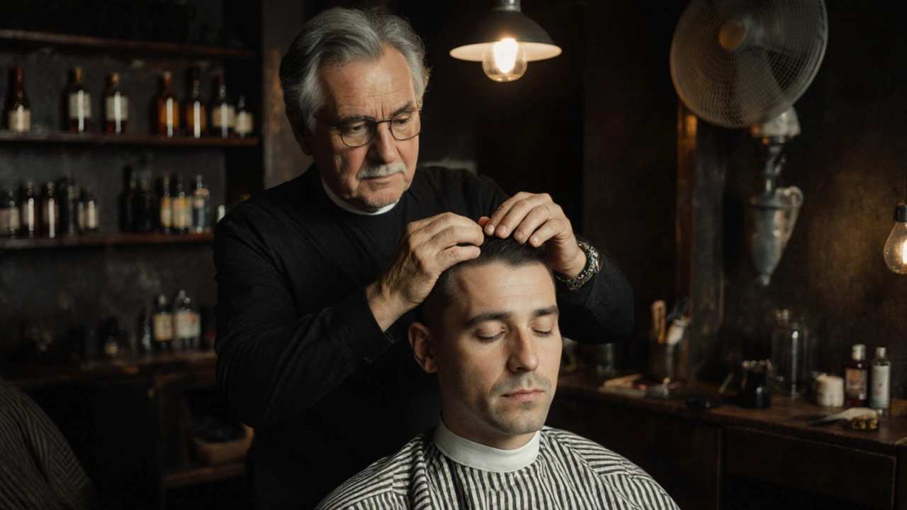 Man receiving authentic Champi massage in a simple Camden shop, focused pressure on scalp with warm oil.