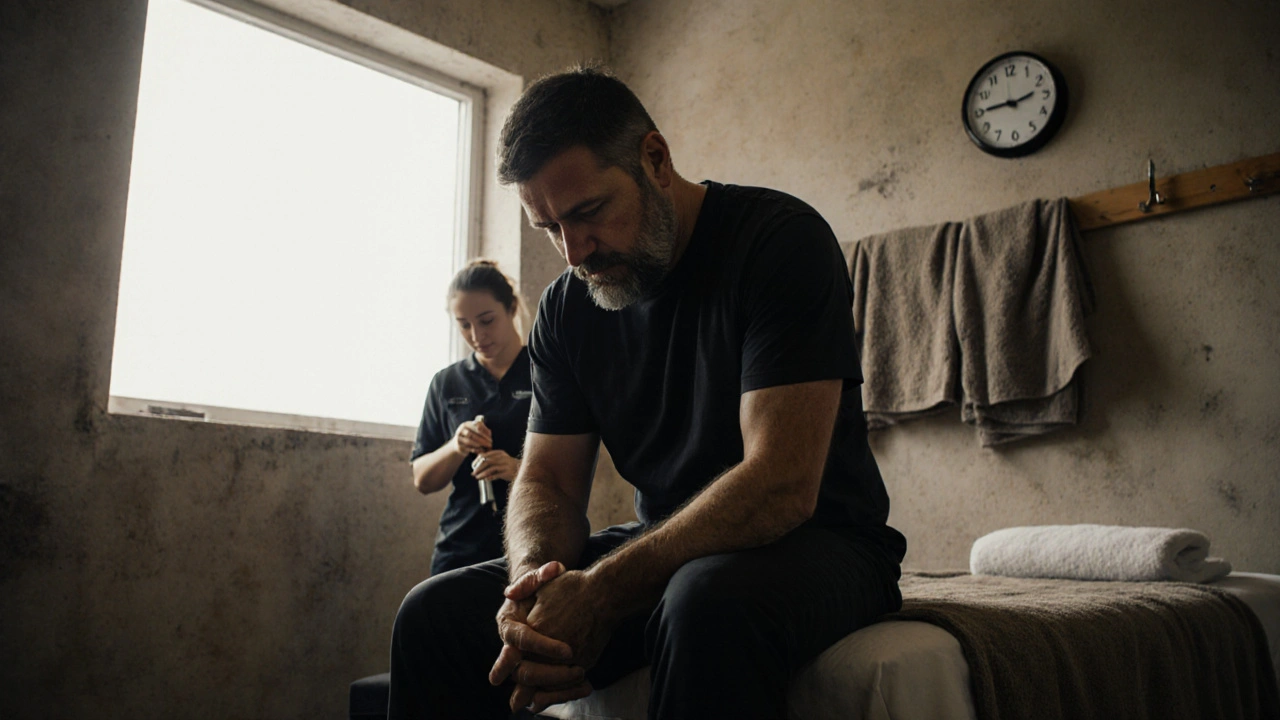 Man sitting after massage, tears on his face, quiet moment of emotional release.
