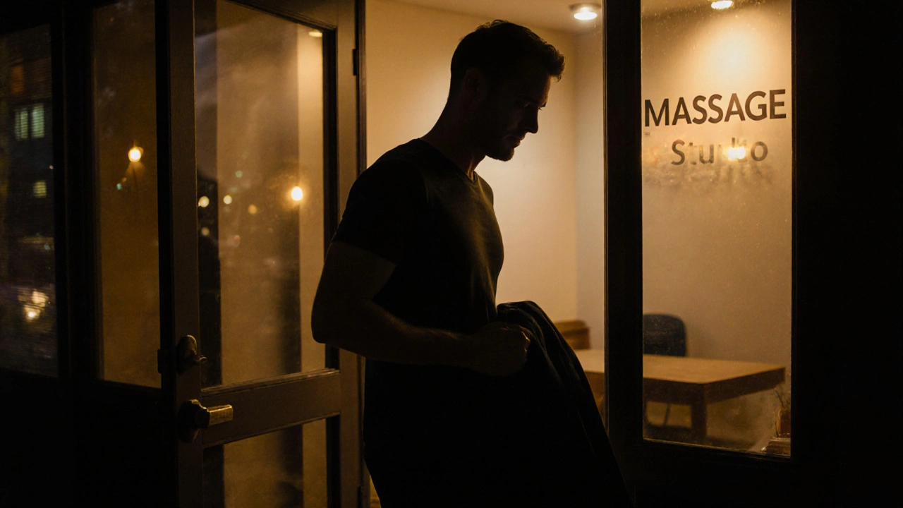 Man walking out of a massage studio at dusk, looking relaxed and renewed.