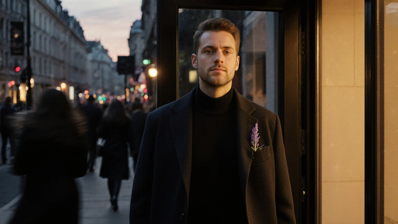 Man walking out of spa into city dusk, glowing softly with lingering aroma, calm amid busy street.