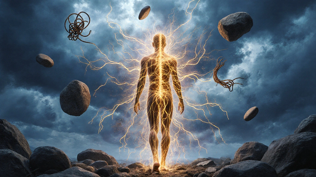 Person surrounded by glowing energy lines after a Thai massage, tension dissolving into light.