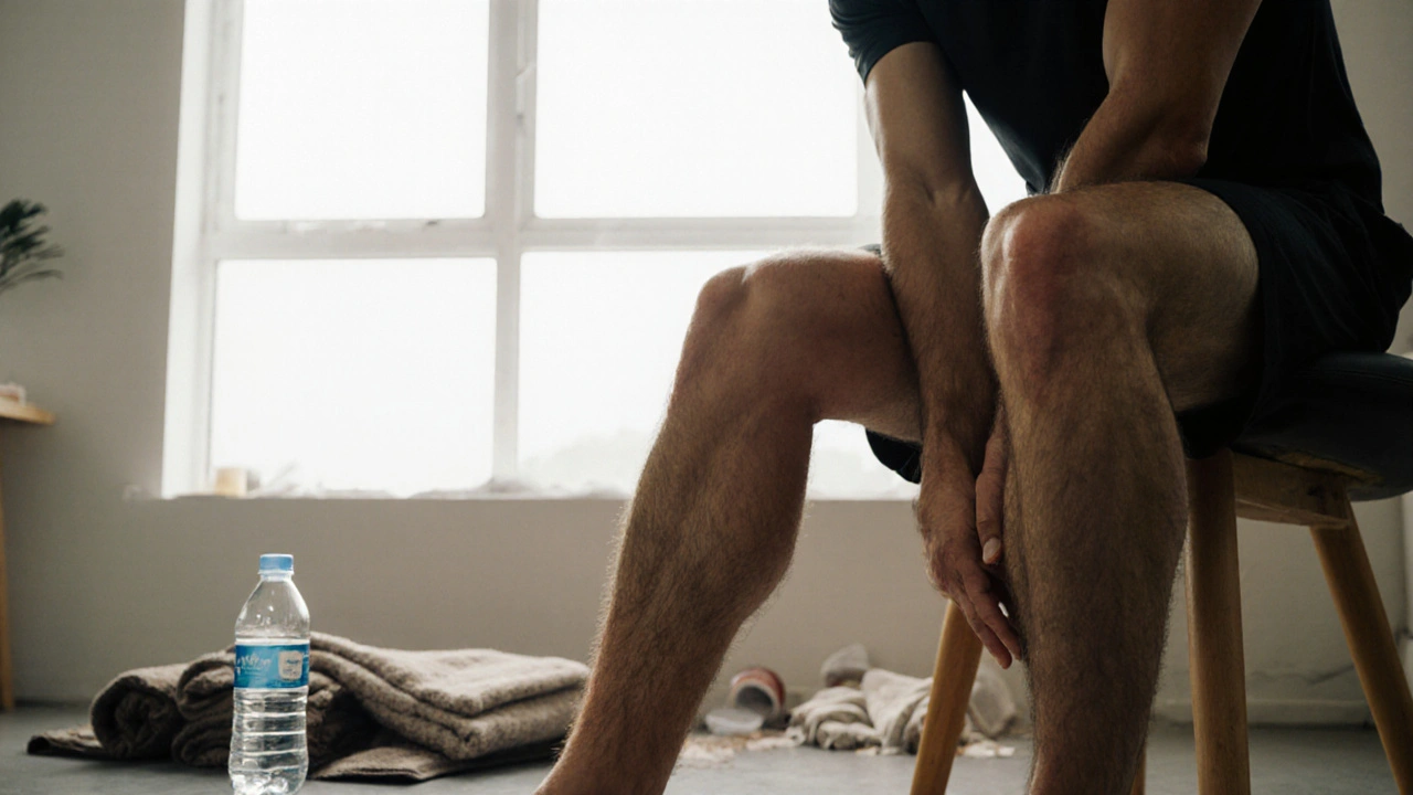 Relaxed legs after massage, flushed skin, therapist’s hands resting on calves, natural light streaming in.