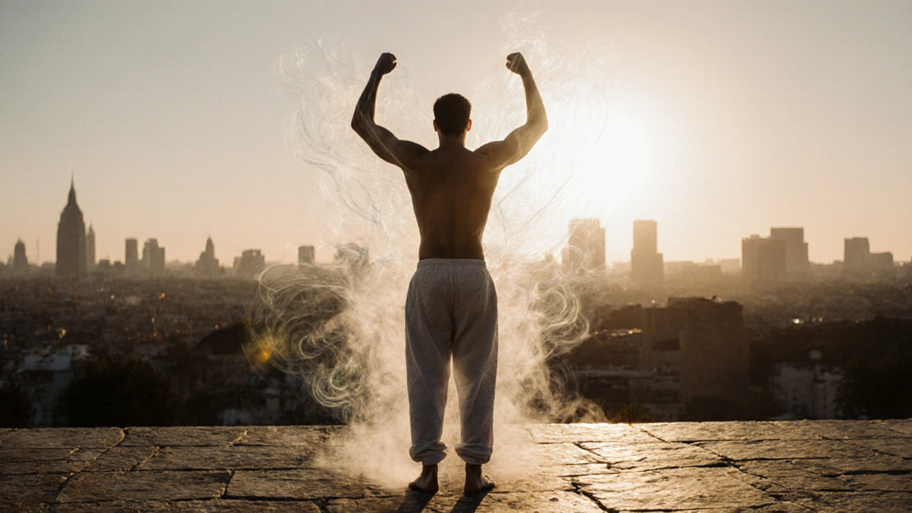 Silhouette of a man surrounded by misty streams rising from his skin, symbolizing lymphatic release at dawn.
