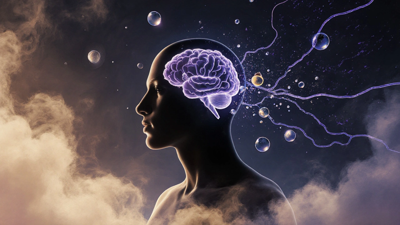 Silhouette surrounded by swirling essential oil vapors connecting to brain pathways, symbolizing emotional release and calm.