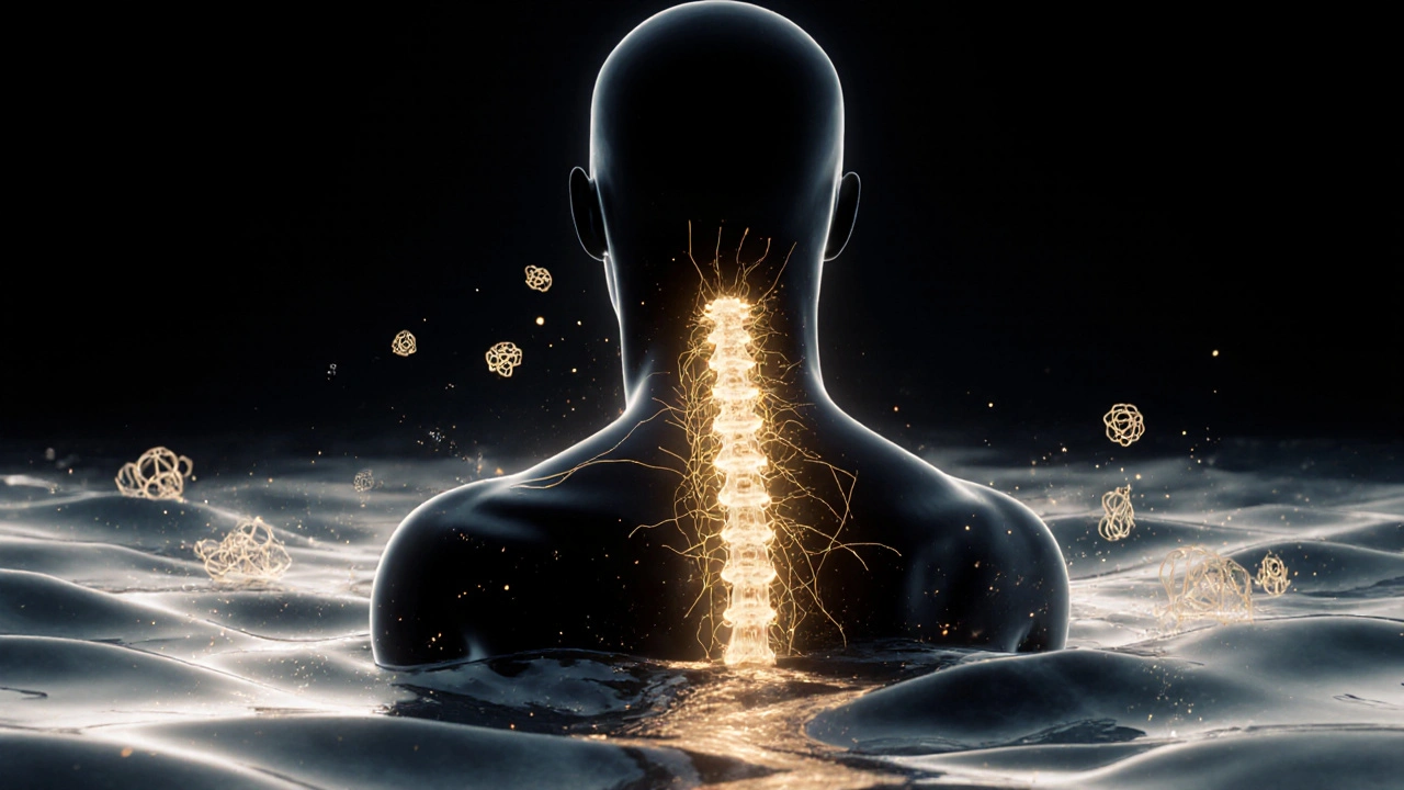 Silhouette with golden threads radiating from the spine, symbolizing released tension and nervous system reset.