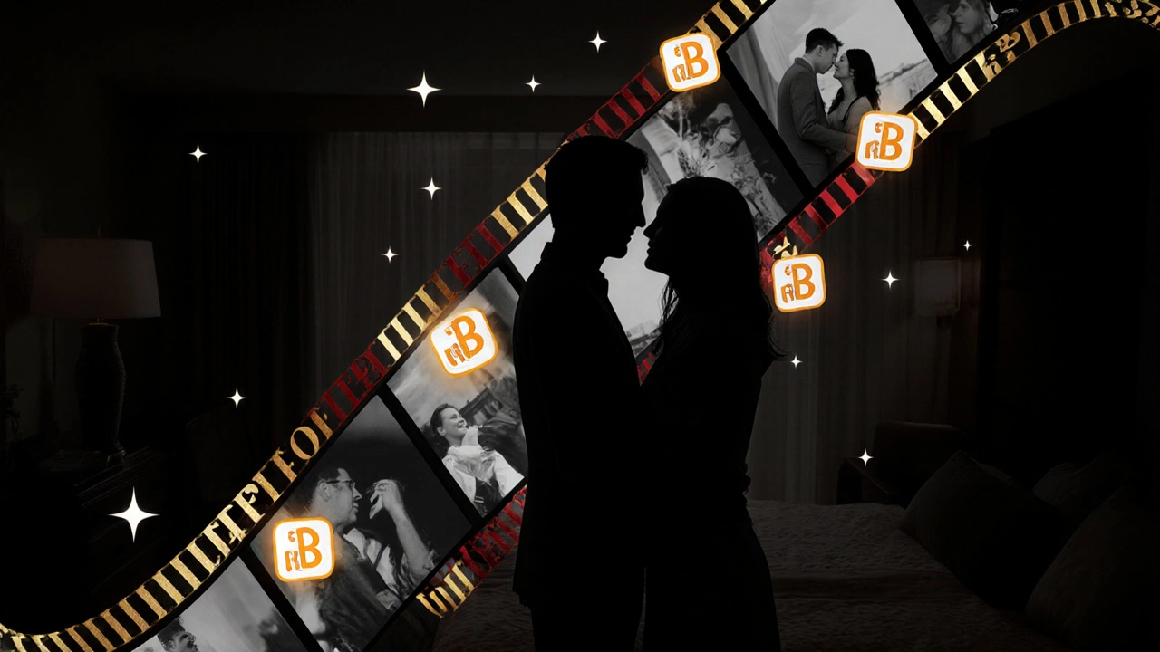 Silhouettes of two people merge into a cinematic filmstrip, with IMDb logos glowing softly above them.