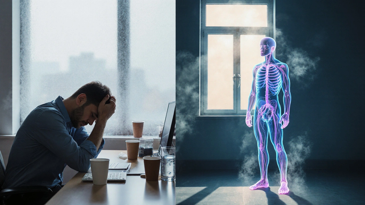 Split image: a tired man at a desk versus the same man glowing with renewed energy after lymphatic massage, with subtle lymphatic pathways glowing between.
