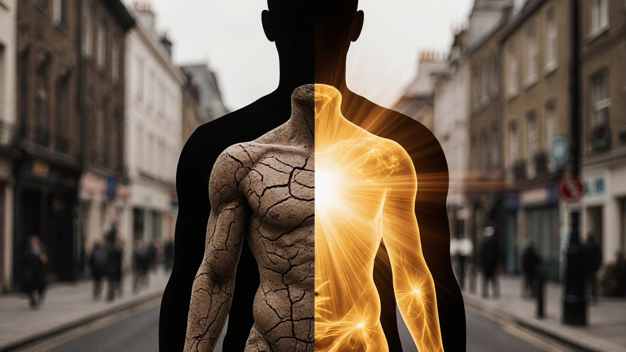 Split silhouette showing a body transformed from stiff and tense to loose and radiant after a Thai massage.