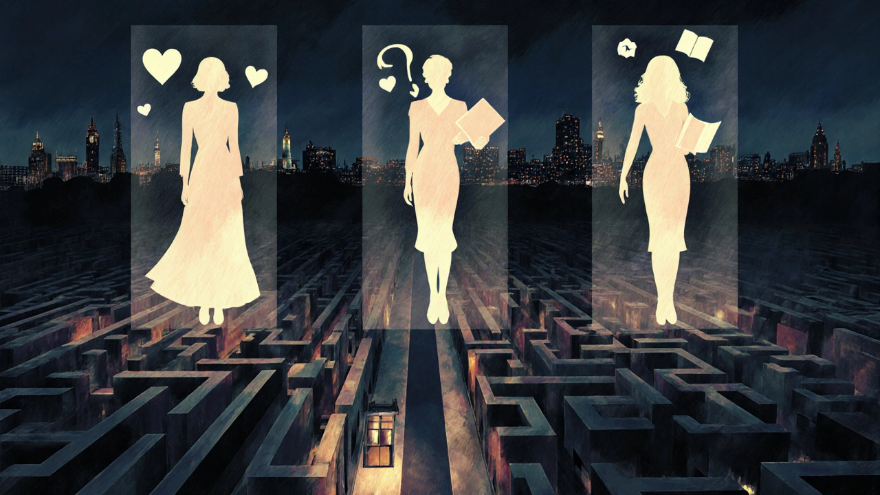 Three elegant silhouettes in London neighborhoods surrounded by symbolic icons, representing hidden human connection.