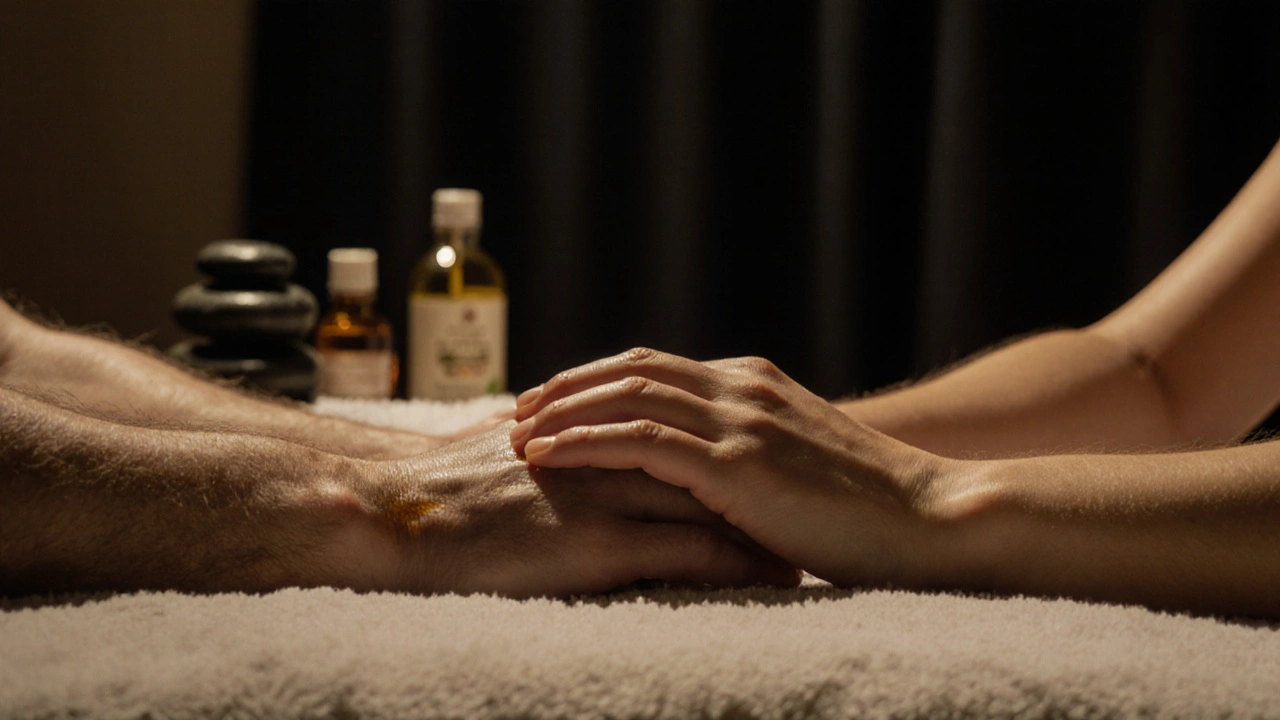 Two hands resting together on a blanket after a massage, oil shimmering softly under warm light.