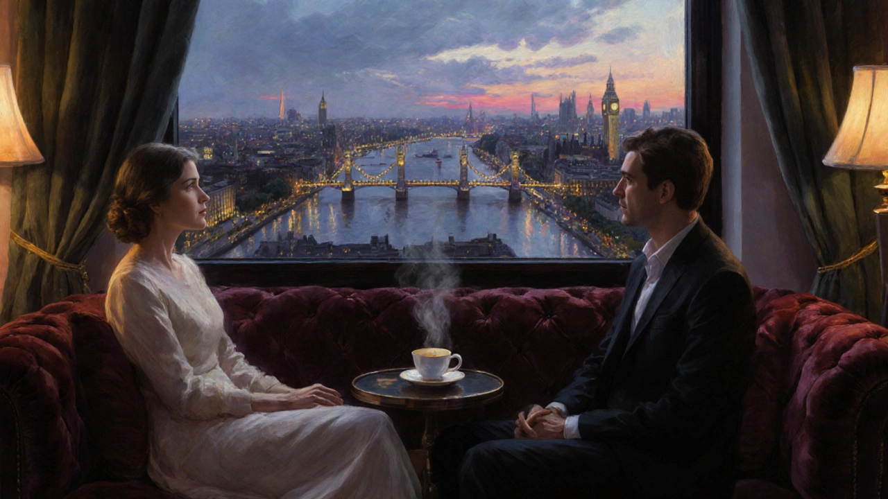 Two people sitting in silence on a sofa, gazing at London’s Thames at dusk, teacup between them.