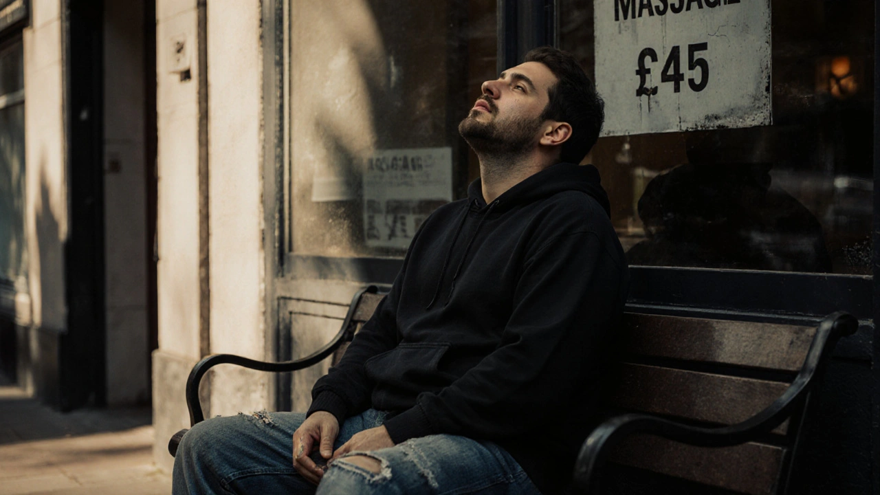 Uber driver crying in relief outside a small massage clinic after his first session.