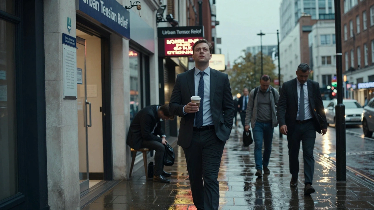 A businessman walks out of a London massage clinic after a session, posture relaxed, contrasting with tired commuters in the rainy street behind him.