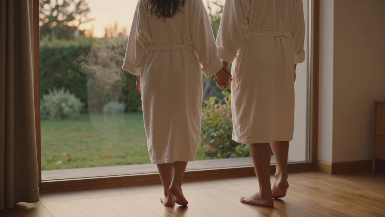 A couple walks barefoot after a massage, holding hands in quiet connection, wrapped in robes, bathed in golden dusk light.