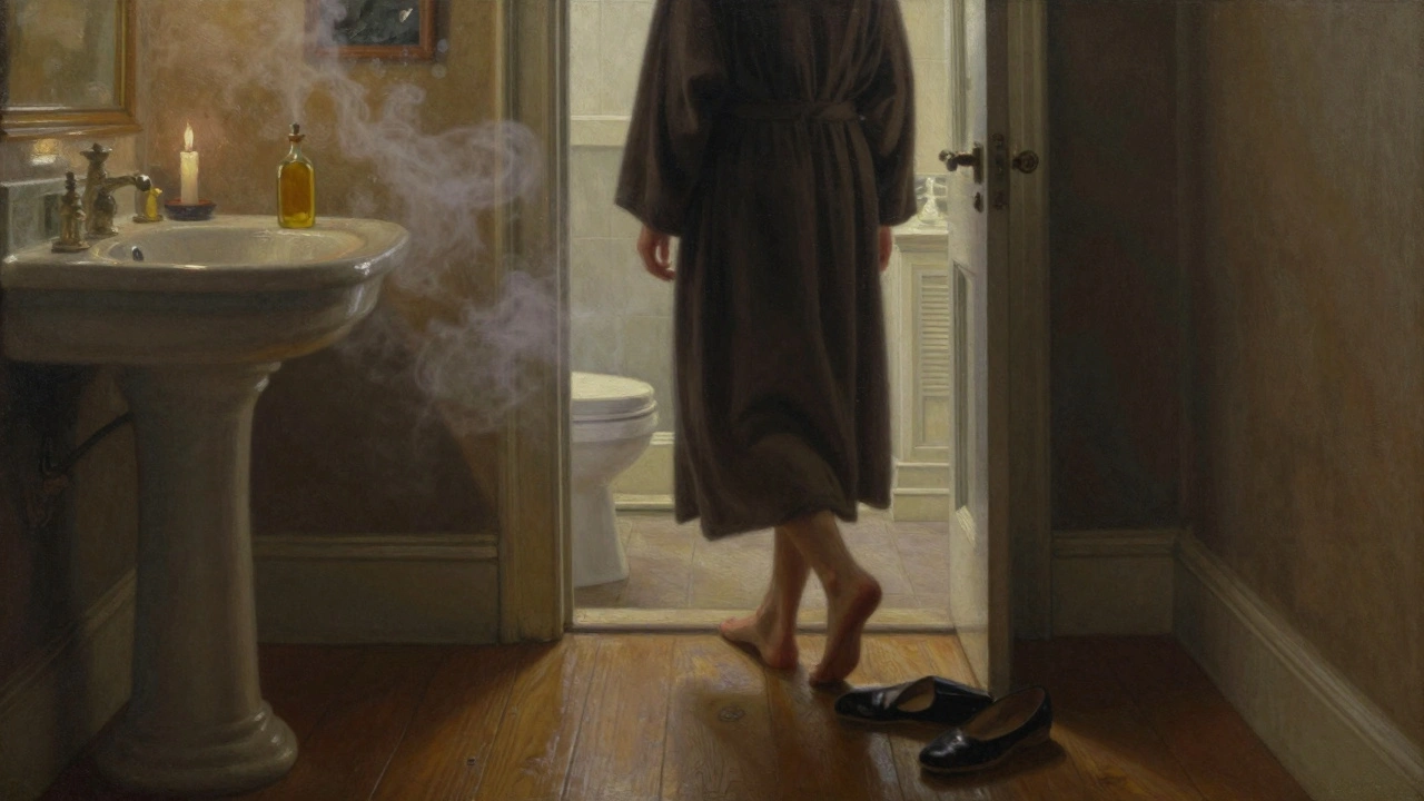 A figure stepping from a steamy bathroom in a luxury flat, oil bottle in hand, shadows and reflections only.