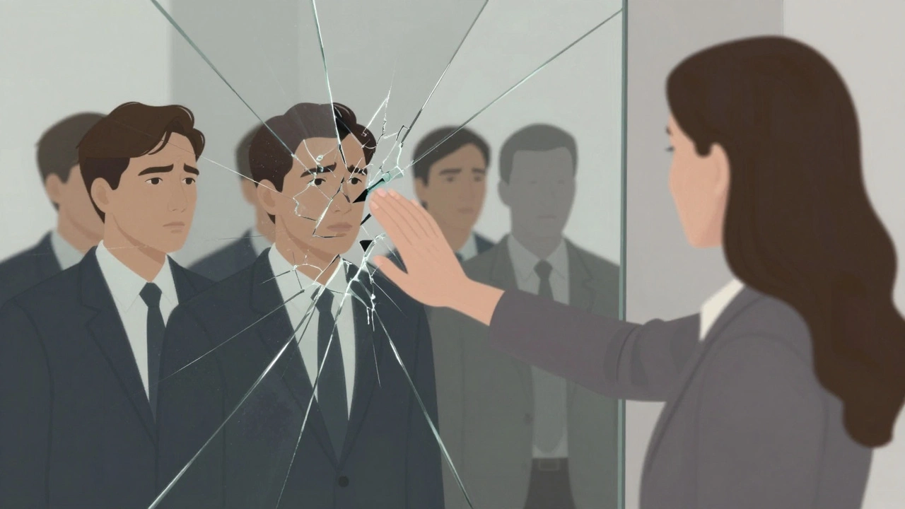 A fractured mirror reflects a man's different personas, while a woman's hand reaches through to touch his real face.